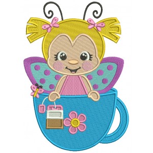 Cute Girl With Butterfly WIngs Sittings In The Big Cup Filled Machine Embroidery Design Digitized Pattern